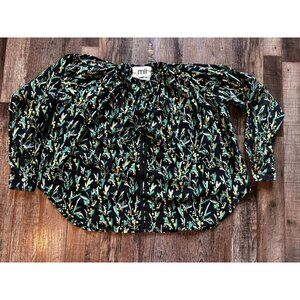 mii au paradis Handmade Long Sleeve Blouse V Neck Cotton Black Cacti Print Small